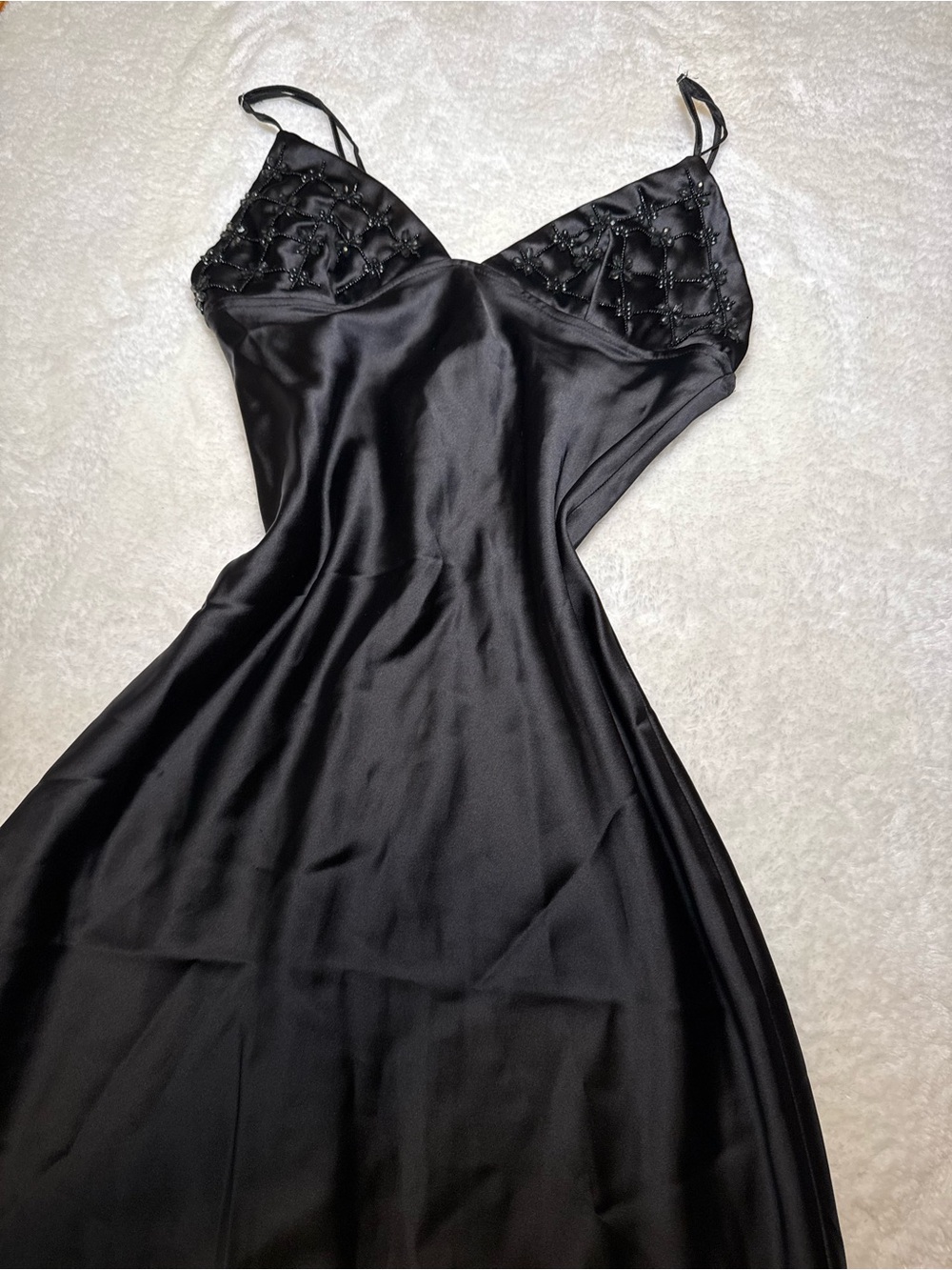 Black Satin Beaded Slip Dress | Midi Evening Dress | Size S - Picture 3 of 9